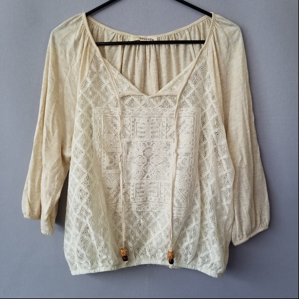 X REWIND TASSEL FRONT CROCHET BLOUSE 3/4 SLEEVE